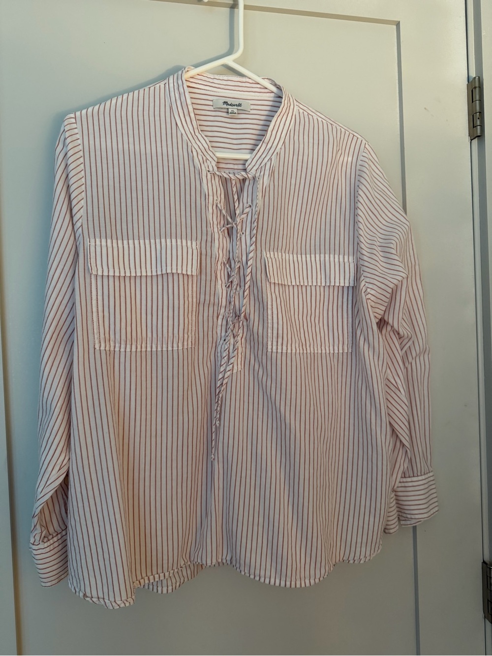 Madewell women’s Striped Lace-Up Popover Blouse in White & Dusty Rose size CL